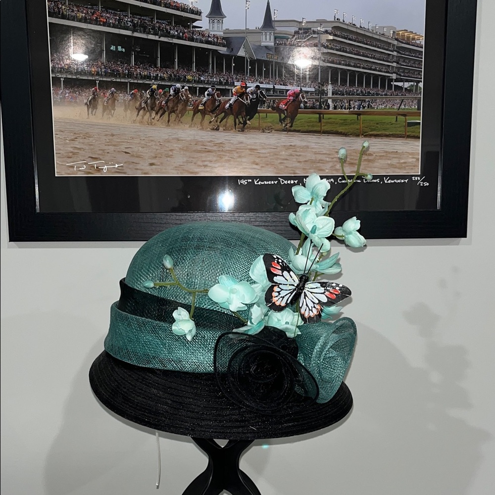 Elegant Derby Black and Teal Cloche Hat with Floral Accent